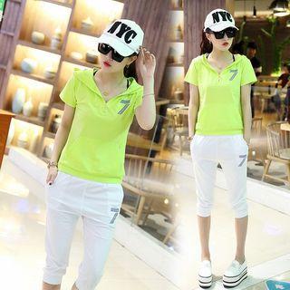 Set : Number Short-sleeve Hoodie + Capri Pants
