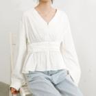 Plain V-neck Long Sleeve Blouse White - One Size