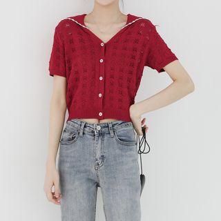 V Collar Lace Up Short-sleeved Knit Top