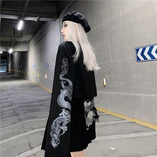 Long-sleeve Cropped Dragon Print T-shirt Black - One Size
