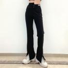 Asymmetric High-waist Slit-front Straight Cut Boot-cut Pants