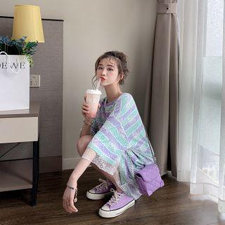Mock Two-piece Elbow-sleeve Striped Mesh T-shirt