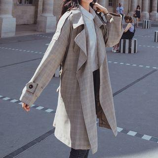 Double-breasted Sashed Plaid Long Coat