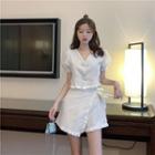 Set: V-neck Short-sleeve Crop Top + Fringed Trim Skort
