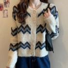Round Neck Contrast Loose Fit Cardigan