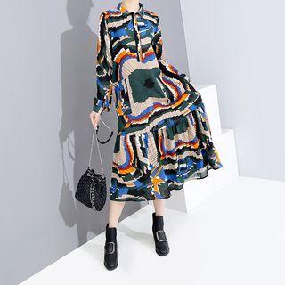 Printed Long-sleeve Midi Collared Dress