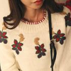 Crew-neck Overlock-stitch Embroidered Sweater