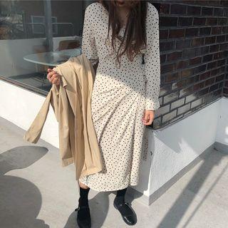 Long-sleeve Dotted Midi Wrap Dress White - One Size
