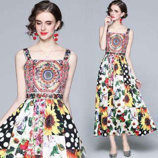 Sleeveless Flower Print Maxi A-line Dress