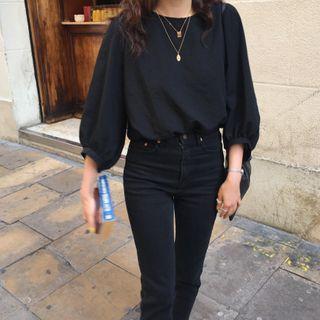 Plain Puff-sleeve Top Black - One Size