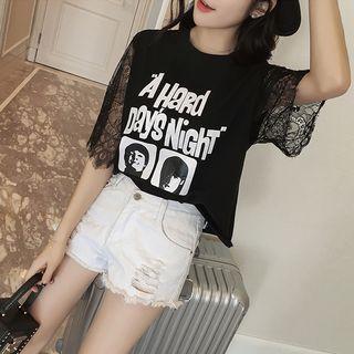 Lace Panel Printed Elbow-sleeve T-shirt