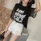Lace Panel Printed Elbow-sleeve T-shirt