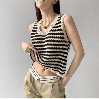 Striped Open-knit Loose Vest