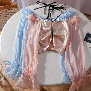 Long-sleeve Halter-neck Chiffon Cropped Blouse