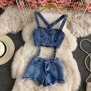 Set: Denim Cropped Camisole Top + High-waist Shorts