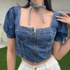 Puff-sleeve Zip-up Denim Crop Top