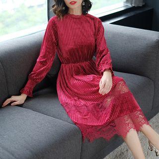 Lace Panel Long-sleeve A-line Velvet Party Dress
