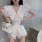 V-neck Layered Shirt / High-waist Wide-leg Shorts