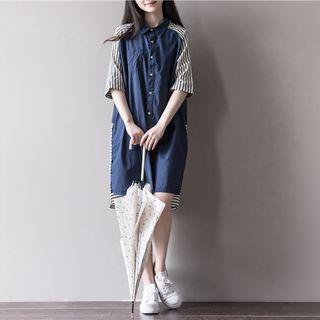 Elbow-sleeve Striped Panel Shirtdress