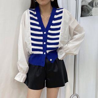 Bell-sleeve Striped Panel Cardigan