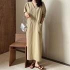 Elbow-sleeve V-neck Slit Dress