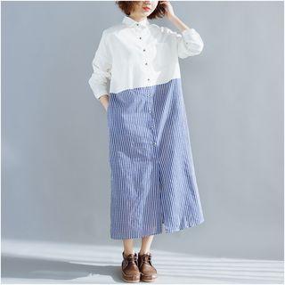 Long-sleeve Striped Panel Midi Shirtdress