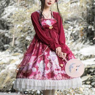 Set: Long-sleeve Printed Bow Lolita Dress + Hair Clips