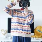 Mock Neck Stripes Knit Top Rainbow Stripes - One Size