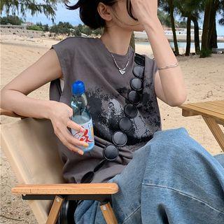 Cap-sleeve Print T-shirt Gray - One Size