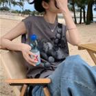 Cap-sleeve Print T-shirt Gray - One Size