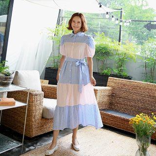 Patterned Block Tiered Shirtdress With Sash Sky Blue - One Size