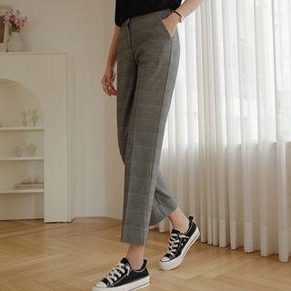 Slit-side Plaid Straight-leg Pants
