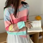 Striped Color Block Knit Top Mixed Color - One Size