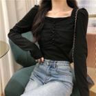 Shirred Long-sleeve Mesh T-shirt