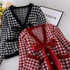 V-neck Long-sleeve Houndstooth Bow Knit Jacket