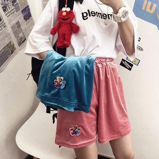 Elastic-waist Bear Embroidered Shorts