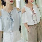 Lace Up Front Cut Out Shoulder Chiffon Elbow Sleeve Blouse