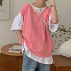 Plain V-neck Knit Vest Pink - One Size