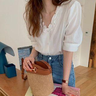 Short-sleeve V-neck Ruffled-trim Shirt White - One Size