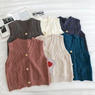 Plain V-neck Single-breasted Long-sleeve Knit Vest