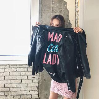 Lettering Belted Faux-leather Biker Jacket