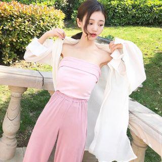 High-waist Jogger Pants / Strapless Top / Open-front Jacket