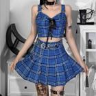 Set: Lace-up Plaid Cropped Camisole Top + Pleated Mini A-line Skirt