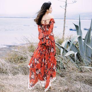 Flower Print Off-shoulder Long-sleeve Midi A-line Dress