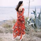 Flower Print Off-shoulder Long-sleeve Midi A-line Dress