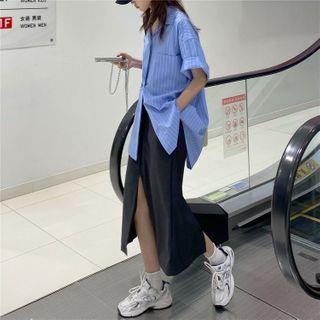 Striped Short-sleeve Shirt / Plain Midi Skirt