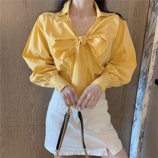 Puff-sleeve Tie-neck Plain Blouse