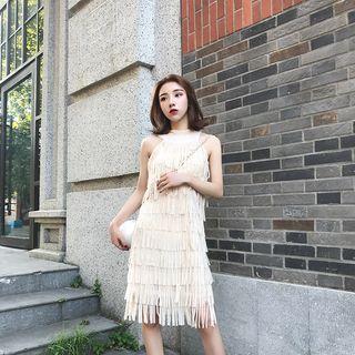 Sleeveless Fringed Dress Almond - One Size