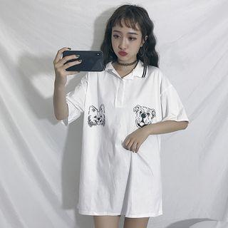 Dog Print Elbow-sleeve Polo Dress