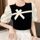 Short-sleeve Bow Two-tone Blouse